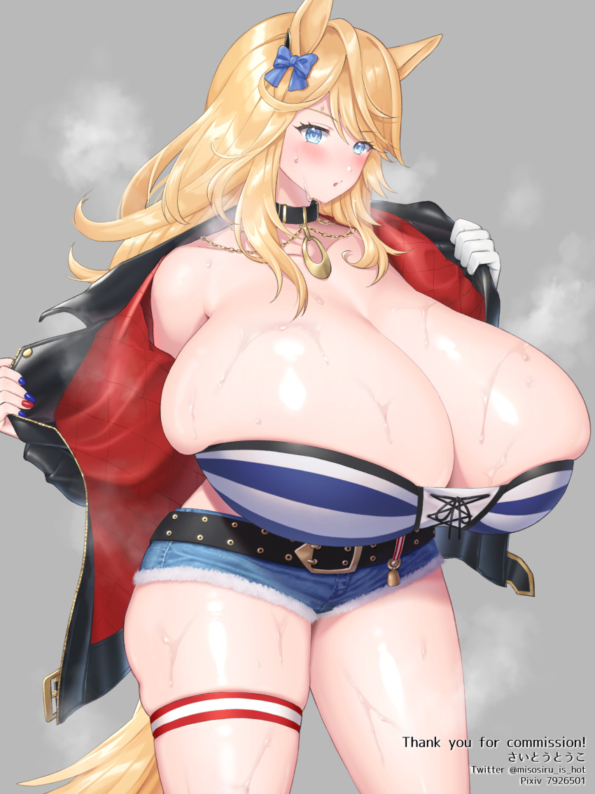 1girl alternate_breast_size animal_ears bandeau belt blonde_hair blue_eyes blush bow breasts bursting_breasts cleavage collar commentary_request commission denim denim_shorts ear_bow gigantic_breasts gloves gold_city_(umamusume) highres horse_ears horse_girl horse_tail hot jacket micro_shorts multicolored_nails open_clothes open_jacket pendant_collar saitou_touko shorts single_glove skeb_commission solo sweat tail thigh_strap thighs umamusume white_gloves