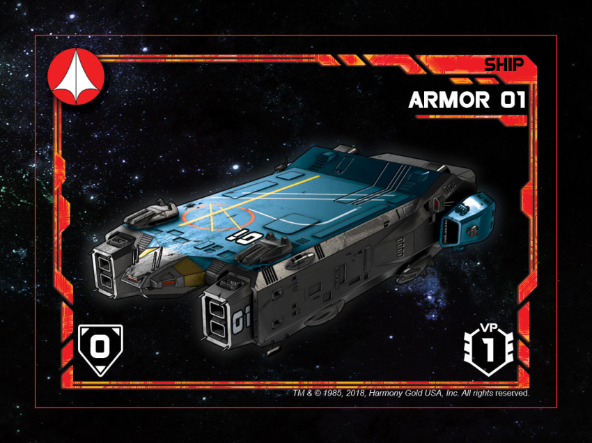 1985 2018 armd board_game card card_(medium) choujikuu_yousai_macross dated emblem energy_cannon english_commentary english_text glowing harmony_gold hatch js_digitalartist landing_bay light logo macross military nebula no_humans official_art playing_card radio_antenna robotech robotech:_force_of_arms roundel space spacecraft starry_background thrusters turret u.n._spacy vernier_thrusters