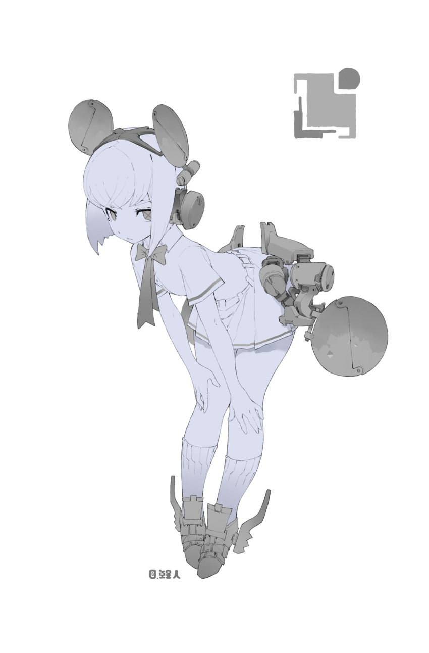 1girl bent_over bow bowtie closed_mouth collared_shirt crop_top cropped_shirt expressionless full_body greyscale hands_on_own_knees headgear highres kneehighs liren44 looking_at_viewer mechanical_ears mechanical_parts metal miniskirt monochrome original pleated_skirt sabaton science_fiction shirt short_hair short_sleeves simple_background skirt socks solo unfinished