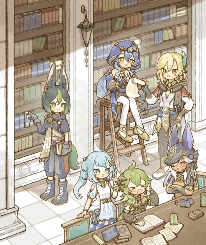 &gt;_&lt; 3boys 3girls :d :o ahoge animal_ear_fluff animal_ears animal_hat aqua_hair asymmetrical_sleeves black_gloves black_hair black_headwear black_pants black_ribbon blonde_hair blue_eyes blue_footwear blue_hair blue_pants blue_sash blue_sleeves blush book book_stack bookshelf boots bracelet bridal_gauntlets bright_pupils brown_eyes cape capelet capri_pants card chair closed_eyes closed_mouth collei_(genshin_impact) commentary_request crop_top cross-laced_footwear crossed_arms crossed_bangs cyno_(genshin_impact) dark-skinned_male dark_skin detached_sleeves drawstring dress drill_hair drill_sidelocks earrings egyptian_clothes fake_animal_ears faruzan_(genshin_impact) feather_hair_ornament feathers fox_boy fox_ears fox_tail genius_invokation_tcg genshin_impact gloves green_capelet green_eyes green_hair hair_between_eyes hair_ornament hair_over_one_eye hand_on_own_hip hand_up hat hat_ribbon highres holding holding_book holding_paper hood hood_down hood_up hoodie indoors jackal_ears jewelry kaveh_(genshin_impact) lace-up_boots ladder layla_(genshin_impact) long_hair long_sleeves looking_at_another looking_to_the_side medal medium_hair multicolored_clothes multicolored_hair multiple_boys multiple_girls on_ladder one_eye_covered open_book open_mouth pants pantyhose paper parted_bangs playing_card puffy_detached_sleeves puffy_long_sleeves puffy_sleeves purple_sash red_cape red_eyes ribbon sash scroll shadow shionosuke shirt short_hair short_sleeves sidelocks single_earring sitting sleeveless sleeveless_dress smile standing streaked_hair sweatdrop swept_bangs table tail tighnari_(genshin_impact) tile_floor tiles twintails usekh_collar very_long_hair vision_(genshin_impact) white_dress white_hair white_pantyhose white_pupils white_shirt x_hair_ornament yellow_eyes