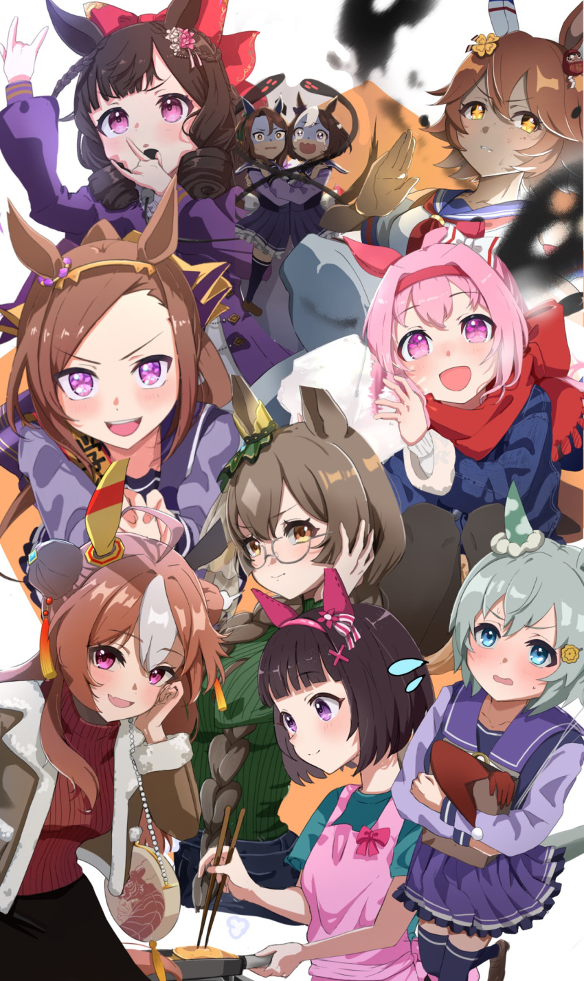 +_+ 6+girls \m/ ahoge alternate_costume alternate_hairstyle animal_ears apron ascot bag balloon bespectacled black_hair black_pantyhose black_skirt block_(object) blue_coat blue_eyes blue_sailor_collar blue_skirt blush bow braid breasts brown_bag brown_footwear brown_hair brown_jacket brown_shorts casual cheering chopsticks clenched_teeth closed_mouth clover_hair_ornament coat commentary_request cooking copano_rickey_(umamusume) cowboy_shot daiichi_ruby_(umamusume) daruma_doll denim double_\m/ double_bun dress drill_hair ear_bow ear_covers ear_ornament fang flipped_hair flower-shaped_pupils flying_sweatdrops food four-leaf_clover_hair_ornament french_braid fur-trimmed_footwear fur-trimmed_jacket fur_trim furrowed_brow gem ghost glasses gloom_(expression) green_bow green_sweater grey_hair hair_between_eyes hair_bun hair_ornament hairband hairclip hand_on_own_chest handbag haru_urara_(umamusume) headband highres holding holding_bag holding_orb holding_whistle horse_ears horse_girl horse_tail ice_block jacket jeans juliet_sleeves king_halo_(umamusume) leaning_forward loafers long_braid long_hair long_sleeves looking_at_viewer matikanefukukitaru_(umamusume) medium_breasts medium_hair multicolored_hair multiple_girls musical_note neckerchief nishino_flower_(umamusume) on_one_knee open_clothes open_jacket open_mouth pants pantyhose paper_bag petticoat pink_eyes pink_hair pink_hairband pleated_skirt ponytail puffy_sleeves purple_bow purple_dress purple_eyes purple_serafuku purple_shirt purple_skirt purple_thighhighs red_ascot red_bow red_eyes red_gemstone red_neckerchief red_scarf red_sweater ribbed_sweater ribbon sailor_collar satono_diamond_(umamusume) scared scarf school_uniform seiun_sky_(umamusume) serafuku shirt shoes short_hair shorts side_drill simple_background single_ear_cover skin_fang skirt small-wso6-bell smile smug special_week_(umamusume) spoken_musical_note squatting stove streaked_hair sweater symbol-shaped_pupils tail tassel tassel_hair_ornament teeth thighhighs tracen_school_uniform translation_request umamusume umayuru upper_body v-shaped_eyebrows very_long_hair visible_air walking whistle white_background white_bow white_hair white_shirt white_sweater white_thighhighs winter_uniform x_hair_ornament yellow_eyes