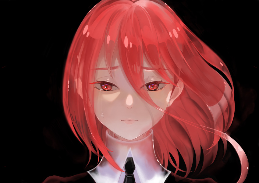1other absurdres androgynous black_background black_necktie cinnabar_(houseki_no_kuni) crying floating_hair gem_uniform_(houseki_no_kuni) hair_between_eyes highres houseki_no_kuni light_smile long_hair_between_eyes looking_at_viewer necktie oo0mog0oo other_focus portrait red_eyes red_hair red_theme short_hair solo straight-on