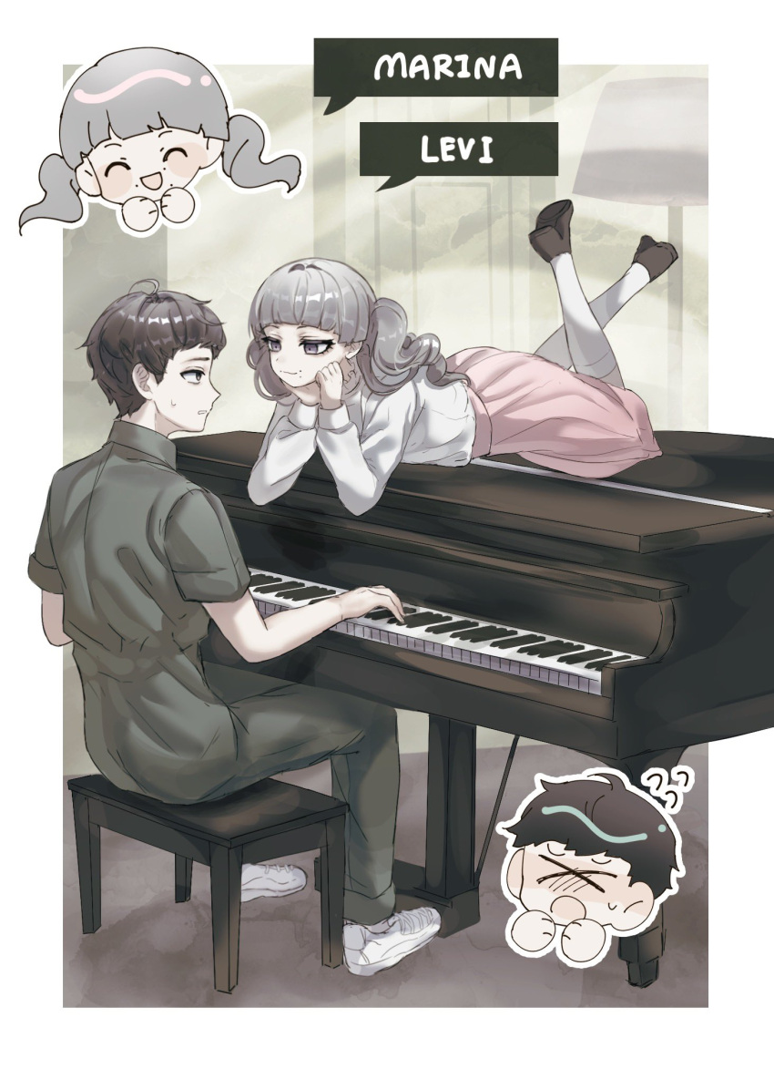 1boy 1other black_hair blush english_text fear_&amp;_hunger grey_hair highres instrument jumpsuit levi_(fear_&amp;_hunger) lilio looking_at_another lying marina_(fear_&amp;_hunger) mole mole_under_mouth mouth_piercing on_stomach otoko_no_ko piano pink_skirt ponytail shirt short_hair sitting skirt sweat white_shirt