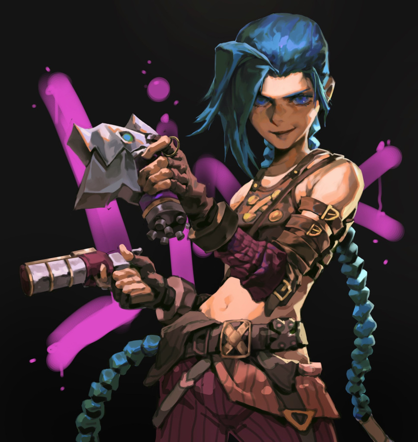 1girl arcane:_league_of_legends arcane_jinx arm_warmers asymmetrical_bangs bare_shoulders belt belt_buckle black_background blue_hair braid breasts buckle chomper closed_mouth cowboy_shot crop_top explosive fingerless_gloves gloves graffiti grenade gun handgun hieumay highres holding holding_grenade holding_gun holding_weapon jinx_(league_of_legends) league_of_legends leaning_back lips long_hair looking_at_viewer navel nose pants purple_pants simple_background small_breasts smile solo standing striped striped_pants twin_braids vertical_stripes very_long_hair weapon