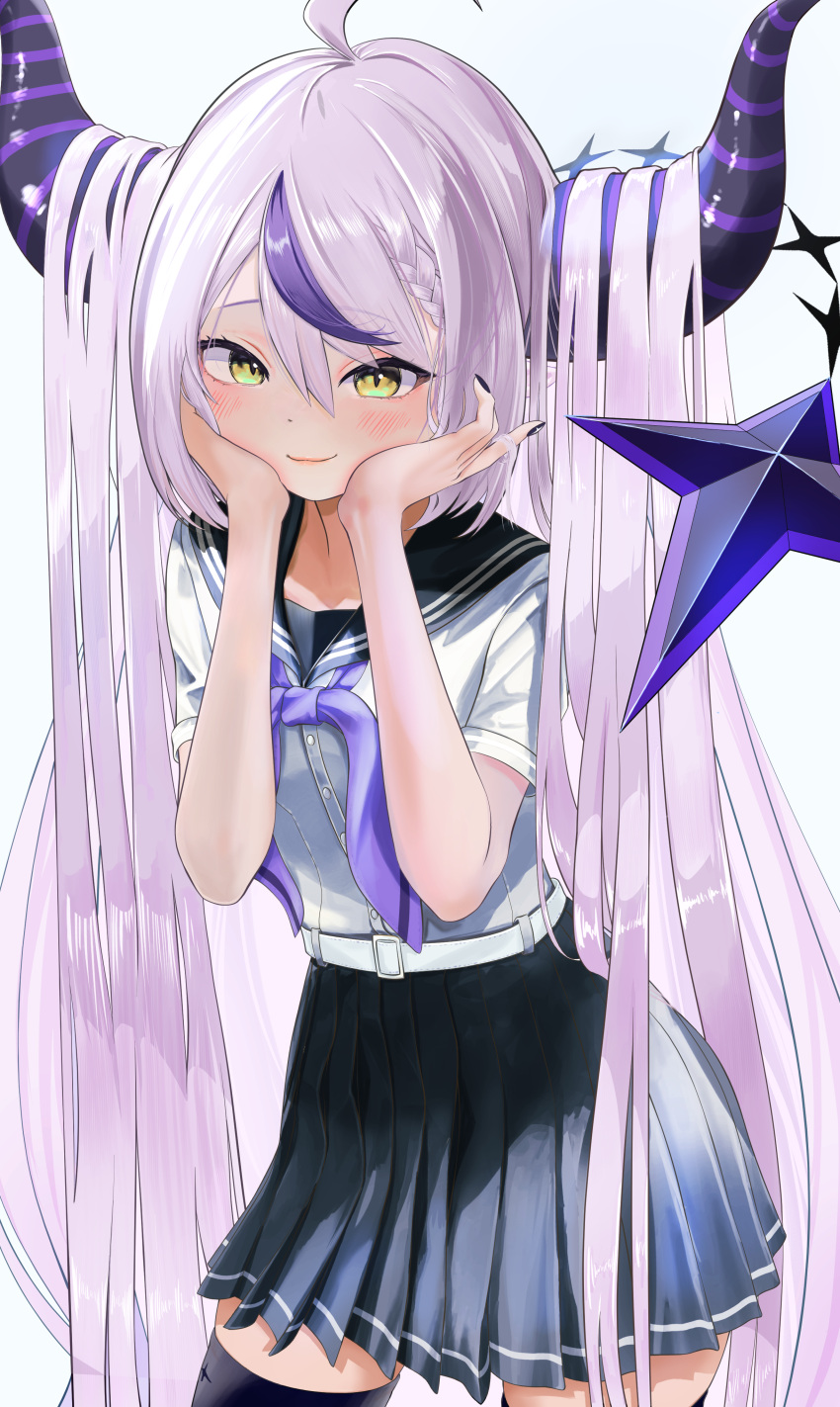 1girl absurdres ahoge black_nails black_sailor_collar black_skirt blush braid braided_bangs demon_horns grey_hair highres hololive horns hxk4_n la+_darknesss long_hair looking_at_viewer multicolored_hair nail_polish neckerchief purple_hair purple_neckerchief sailor_collar school_uniform serafuku shirt single_braid skirt slit_pupils smile streaked_hair very_long_hair virtual_youtuber white_serafuku white_shirt yellow_eyes