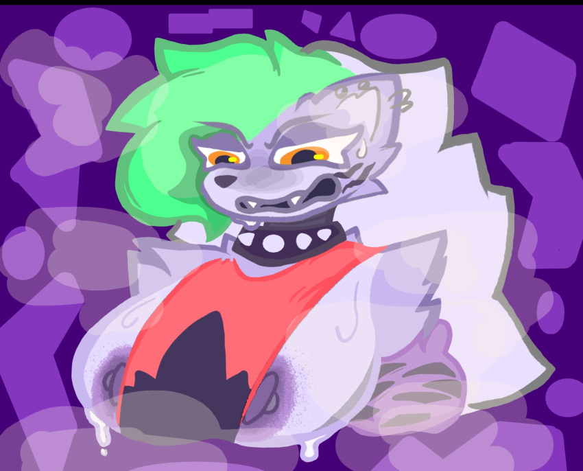 angry angry_eyes anthro areola aroused big_areola big_breasts blush bodily_fluids breasts canid canine canis cleavage clothed clothing collar digital_media_(artwork) ear_piercing female female/female five_nights_at_freddy's five_nights_at_freddy's:_security_breach fluid_on_breasts fur green_hair hair hi_res huge_breasts liquid_hair machine mammal nervous_smile nipple_piercing nipples nude open_mouth piercing pseudo_hair robot roxanne_wolf_(fnaf) scottgames simple_background solo steam steel_wool_studios sweat sweaty_breasts teeth tight_clothing uulitch wolf