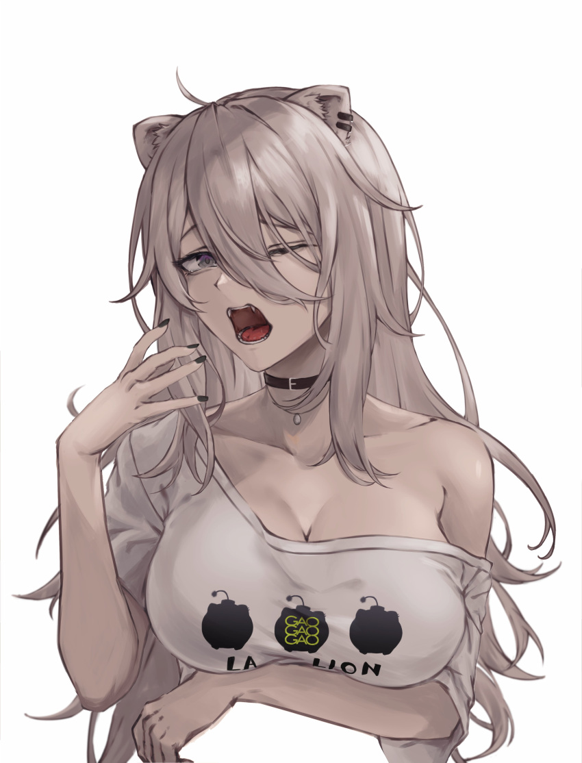 1girl absurdres ahoge alternate_costume alternate_hairstyle animal_ear_fluff animal_ear_piercing animal_ears black_choker black_nails breasts choker cleavage cropped_torso ear_piercing english_text fangs grey_eyes hair_between_eyes highres hololive jewelry large_breasts lion_ears long_hair loose_clothes loose_shirt messy_hair nail_polish necklace no_bra ocha_illust off_shoulder official_alternate_costume official_alternate_hairstyle one_eye_closed open_mouth piercing shirt shishiro_botan shishiro_botan_(4th_costume) short_sleeves simple_background solo ssrb_(shishiro_botan) t-shirt teeth tongue virtual_youtuber white_background white_hair white_shirt yawning