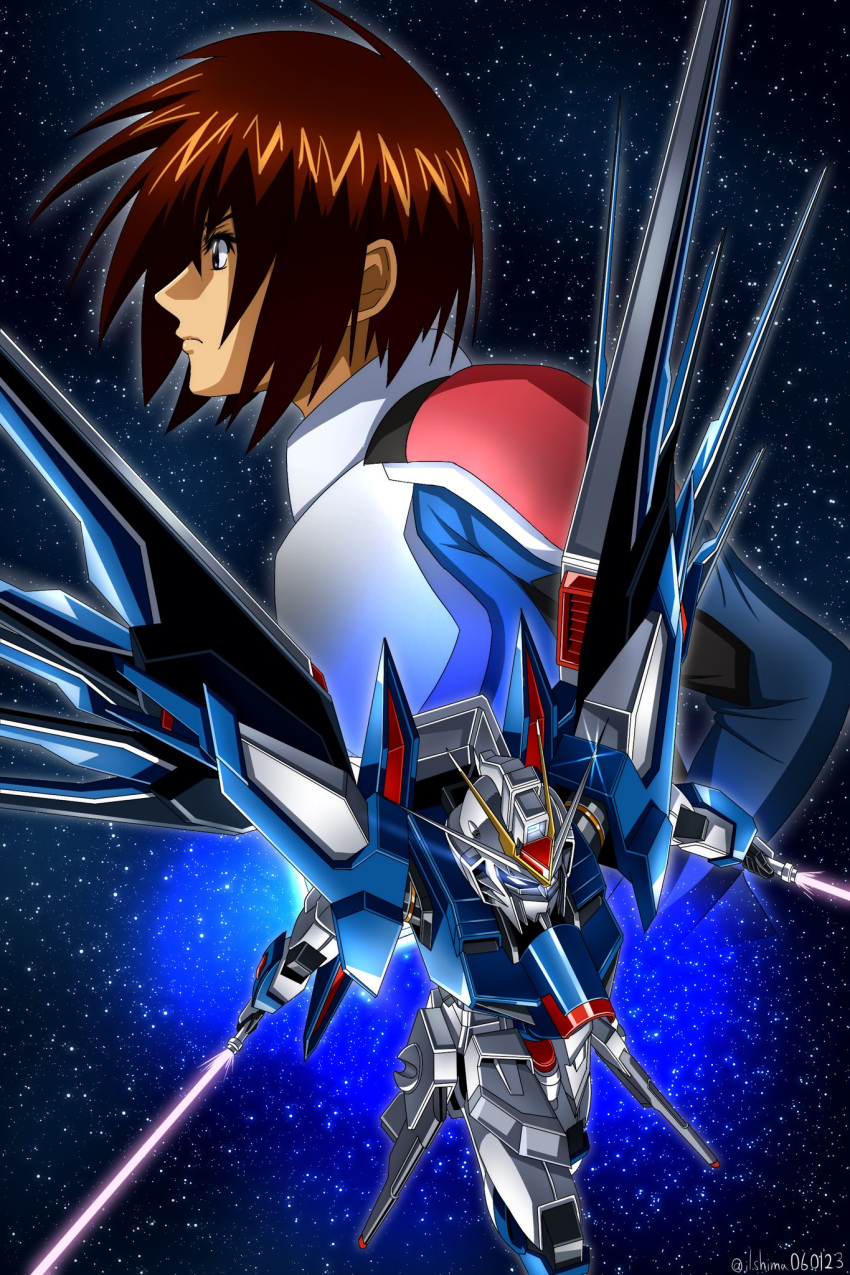1boy 1other beam_saber blue_eyes brown_hair glowing glowing_eyes gundam gundam_seed gundam_seed_freedom highres holding holding_weapon kira_yamato mecha military mobile_suit normal_suit pilot_suit purple_eyes rising_freedom_gundam robot science_fiction shimashun short_hair spacesuit v-fin weapon