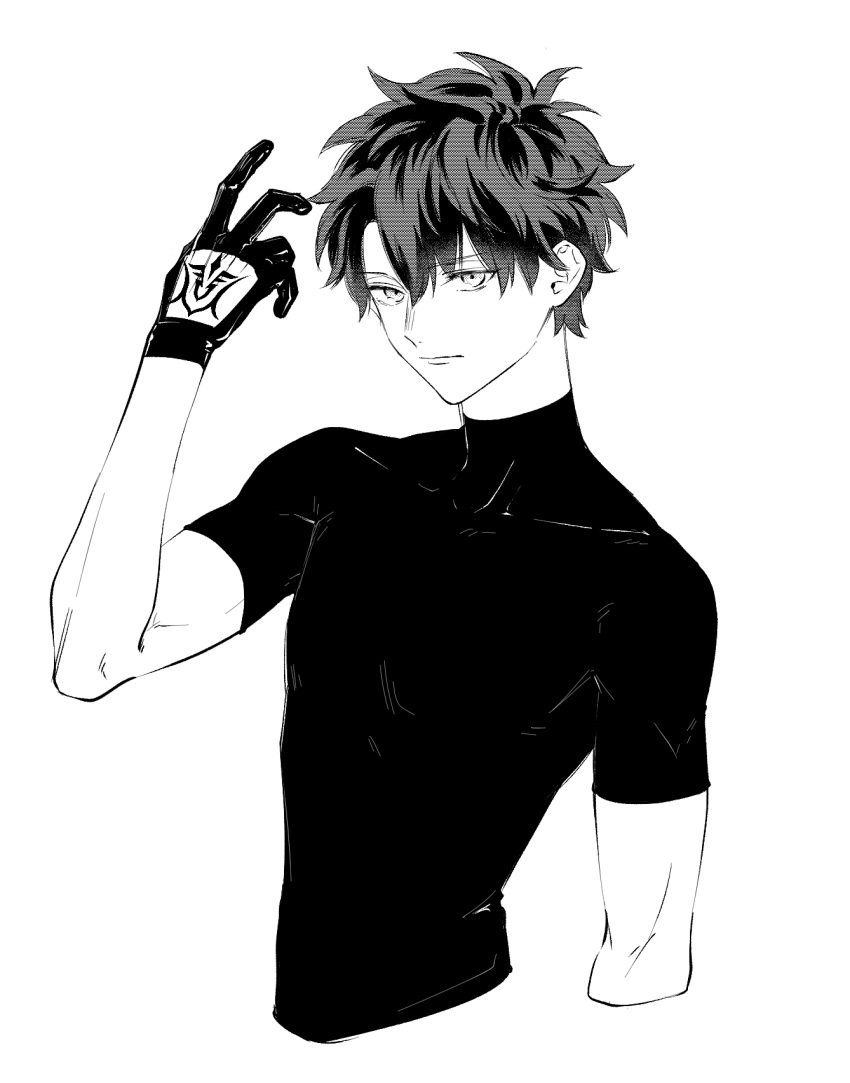 1boy arm_at_side closed_mouth covered_collarbone cropped_arm cropped_torso fate/grand_order fate_(series) fujimaru_ritsuka_(male) glove_cutout greyscale hair_between_eyes hand_tattoo hand_up highres light_smile looking_ahead male_focus monochrome shirt short_hair simple_background solo tattoo tight_clothes tight_shirt toned toned_male urup_zzz
