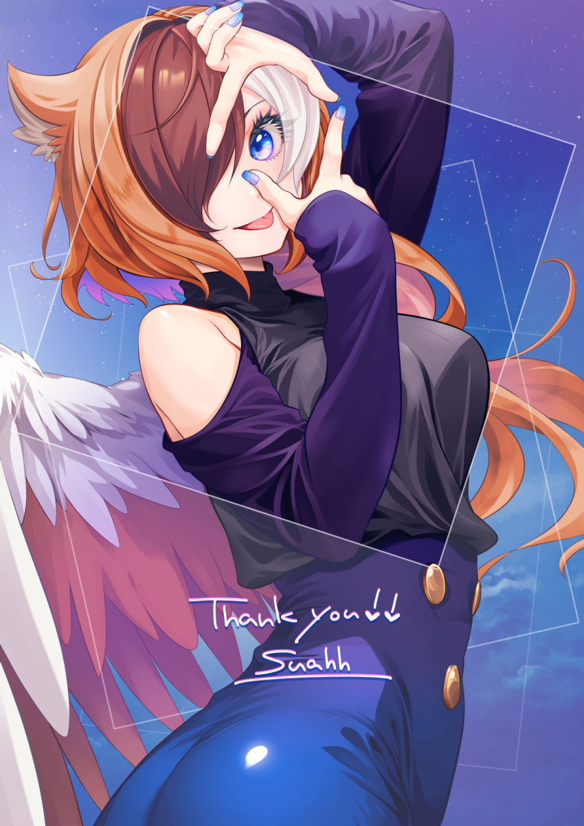 1girl animal_ears arm_up artist_name ass bare_shoulders black_sweater blue_background blue_eyes blue_nails blue_skirt blue_sky breasts brown_hair buttons commentary commission english_commentary english_text feathered_wings finger_frame hair_intakes hand_up high-waist_skirt highres large_breasts long_hair long_sleeves looking_at_viewer mixed-language_commentary multicolored_hair multicolored_wings nail_polish off-shoulder_shirt off_shoulder orange_hair original outdoors purple_shirt ribbed_sweater shiny_clothes shirt shirt_tucked_in sidelocks signature skirt sky sleeveless sleeveless_sweater solo suahh sweater thank_you white_hair wings
