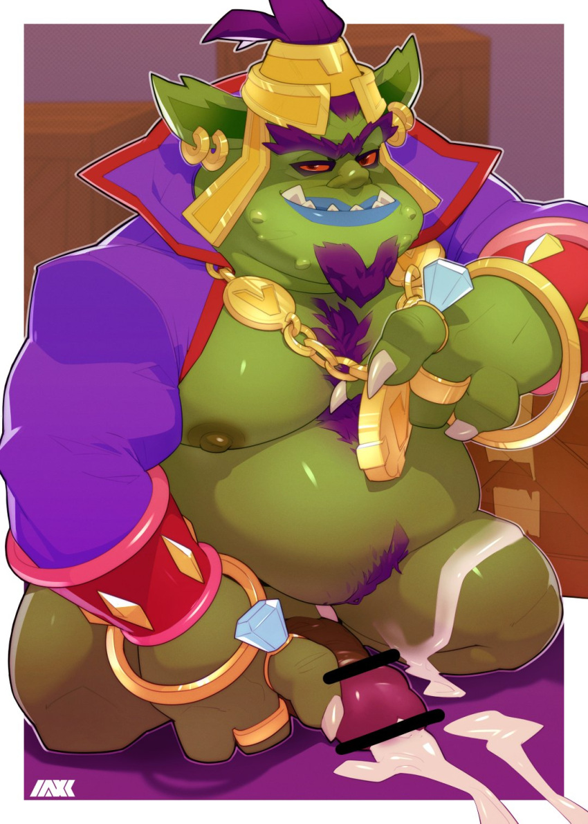 activision alien alien_humanoid belly big_belly blue_lips bodily_fluids body_hair censor_bar chest_hair claws clothing crash_bandicoot_(series) crash_nitro_kart crash_team_racing_nitro-fueled cum ear_piercing ear_ring emperor_velo_xxvii facial_hair genital_fluids genitals goatee green_body green_skin hair happy_trail hi_res humanoid jewelry lips male medallion naxynaxx nipples orc overweight overweight_male penis piercing purple_hair red_eyes ring ring_piercing robe sharp_teeth solo teeth underbite