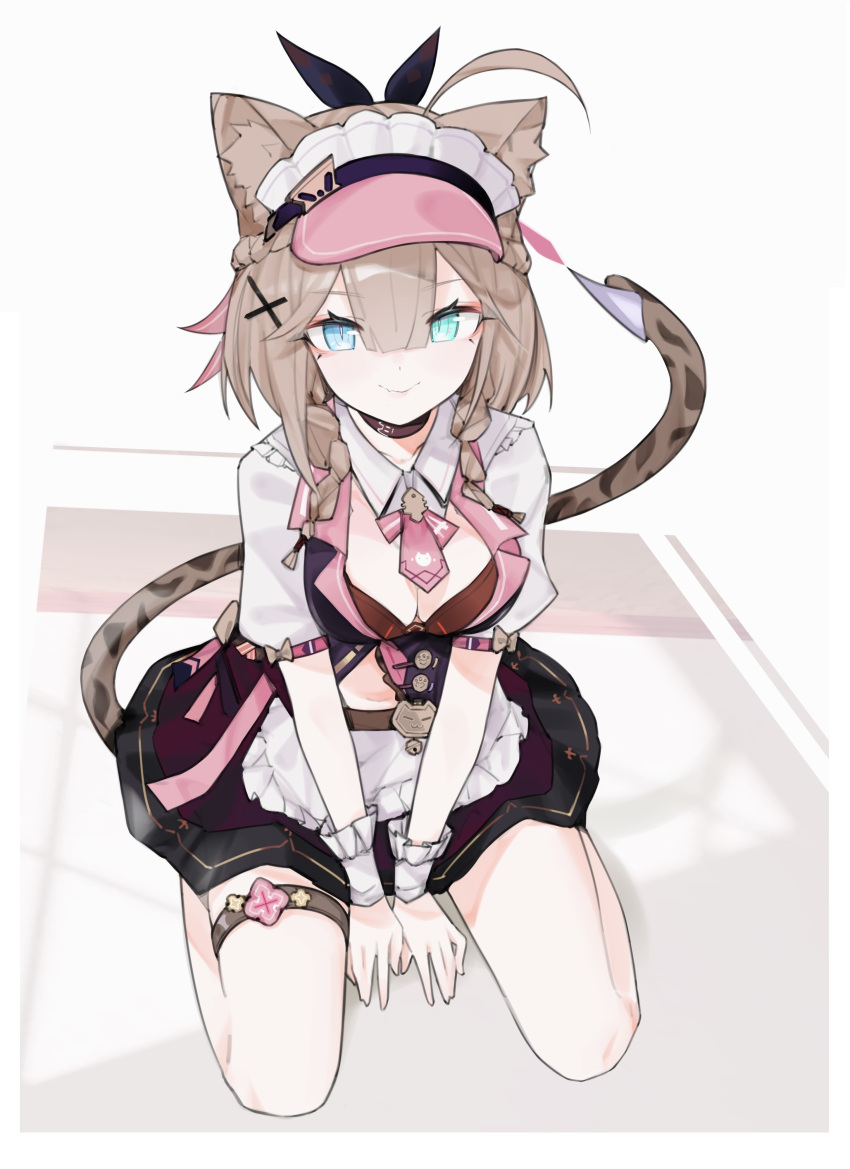 1girl absurdres ahoge animal_ear_fluff animal_ears apron black_choker blue_eyes breasts brown_hair cat_ears cat_girl cat_tail choker cleavage closed_mouth error1980 green_eyes hair_between_eyes heterochromia highres honkai_(series) honkai_impact_3rd looking_at_viewer maid medium_breasts pardofelis_(honkai_impact) puffy_short_sleeves puffy_sleeves short_sleeves sitting skirt smile solo tail thigh_strap waist_apron white_apron