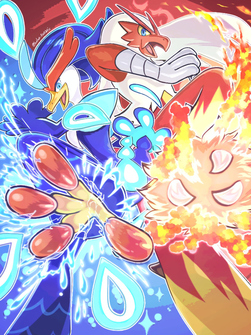 2others back-to-back beak blaziken blue_eyes claws colored_sclera feathers fire highres kicking looking_at_viewer multiple_others no_humans open_mouth pokemon pokemon_(creature) quaquaval runachikku smile talons water yellow_sclera