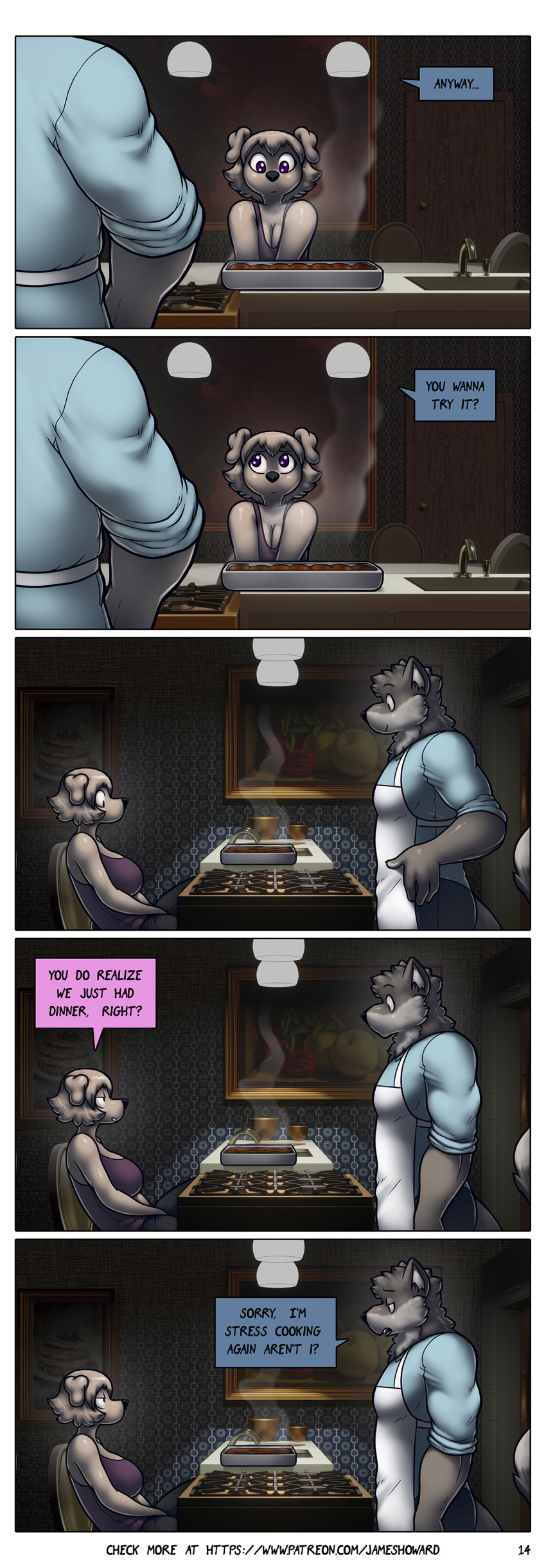 absurd_res anthro canid canine canis comic cooking dialogue domestic_dog duo female hi_res james_howard jill_(james_howard) male male/female mammal patreon richard_(james_howard) wolf