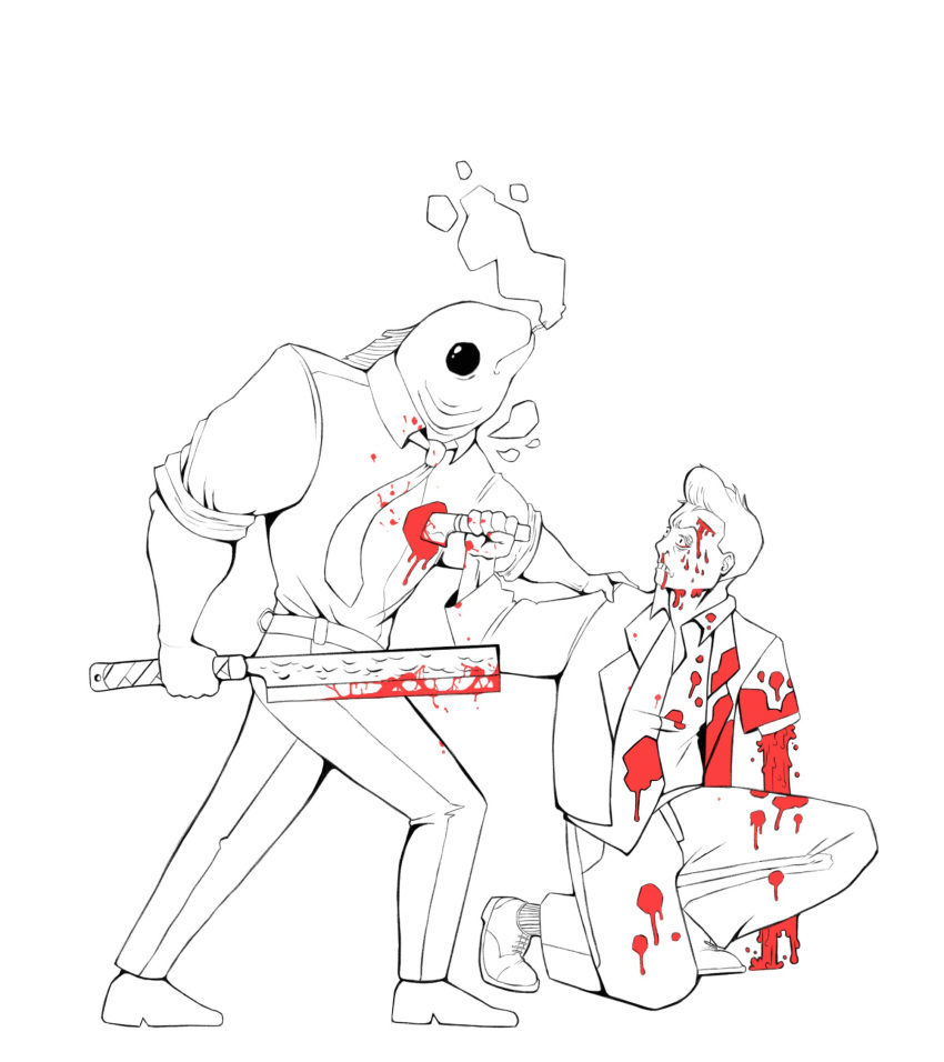 5_fingers animal_head anthro belt big_eyes biped blood blood_from_wound blood_on_arm blood_on_clothing blood_on_face blood_on_hand blood_on_jacket blood_on_pants blood_on_shirt blood_pool bodily_fluids bottomwear broad_shoulders butcher_knife cigarette cigarette_smoke clothed clothed_anthro clothed_human clothed_male clothing digital_drawing_(artwork) digital_media_(artwork) dismemberment dorsal_fin dress_shirt duo fin fingers fish footwear for_a_head front_view full-length_portrait gills glistening glistening_eyes hair hand_on_shoulder hi_res holding_knife holding_melee_weapon holding_object holding_weapon human humanoid_hands jacket kneeling knife knife_in_chest male male_anthro mammal marine melee_weapon missing_arm mouth_closed neck_gills necktie no_sclera nosebleed on_one_knee pants partially_colored pockets portrait possumcrimes shirt shoes side_view simple_background smoke smoking smoking_cigarette socks stab standing topwear violence weapon white_background wounded