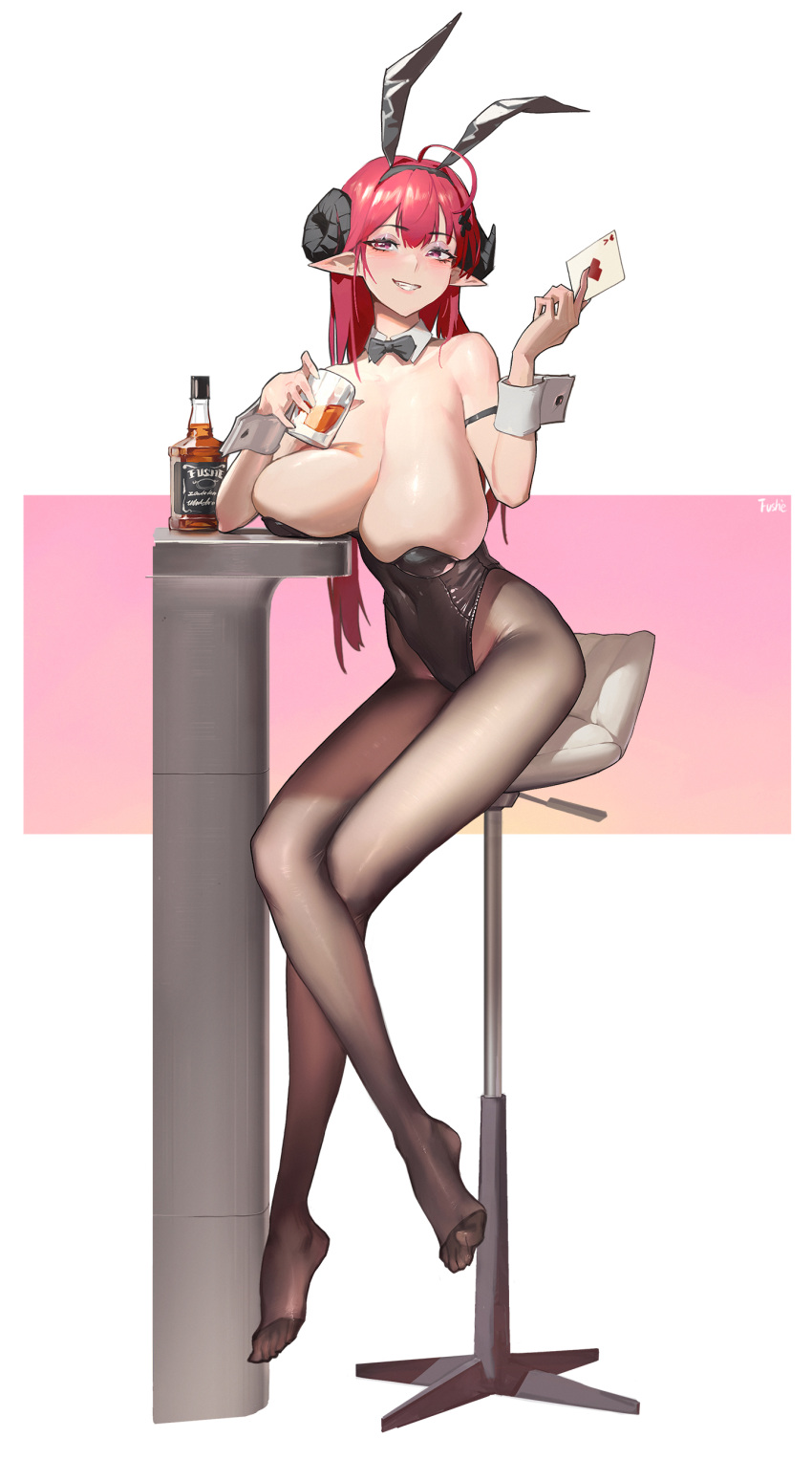 1girl absurdres ace_(playing_card) ace_of_hearts ahoge alcohol animal_ears arm_strap azur_lane bare_shoulders black_horns black_leotard bow bowtie breasts brown_pantyhose card cleavage covered_navel cup curled_horns detached_collar fake_animal_ears full_body fushe heart highleg highleg_leotard highres hindenburg_(azur_lane) hindenburg_(delirious_duel)_(azur_lane) holding holding_card holding_cup horns huge_ahoge huge_breasts leotard long_hair looking_at_viewer official_alternate_costume pantyhose pink_background playboy_bunny playing_card pointy_ears rabbit_ears red_eyes red_hair sagging_breasts sitting smile solo strapless strapless_leotard traditional_bowtie two-tone_background undersized_breast_cup whiskey white_background wrist_cuffs