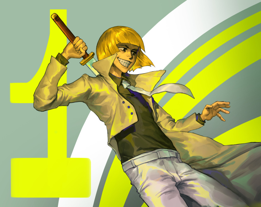 1boy absurdres belt black_eyes black_shirt bleach blonde_hair blunt_bangs bob_cut buttons closed_mouth coat collared_shirt cowboy_shot floating from_side grey_background grin hand_up hieumay highres hirako_shinji holding holding_sword holding_weapon leaning_back looking_to_the_side male_focus necktie number_background open_hand pants popped_collar shinigami shirt short_hair simple_background smile solo sword sword_behind_back weapon white_belt white_necktie white_pants yellow_theme zanpakutou