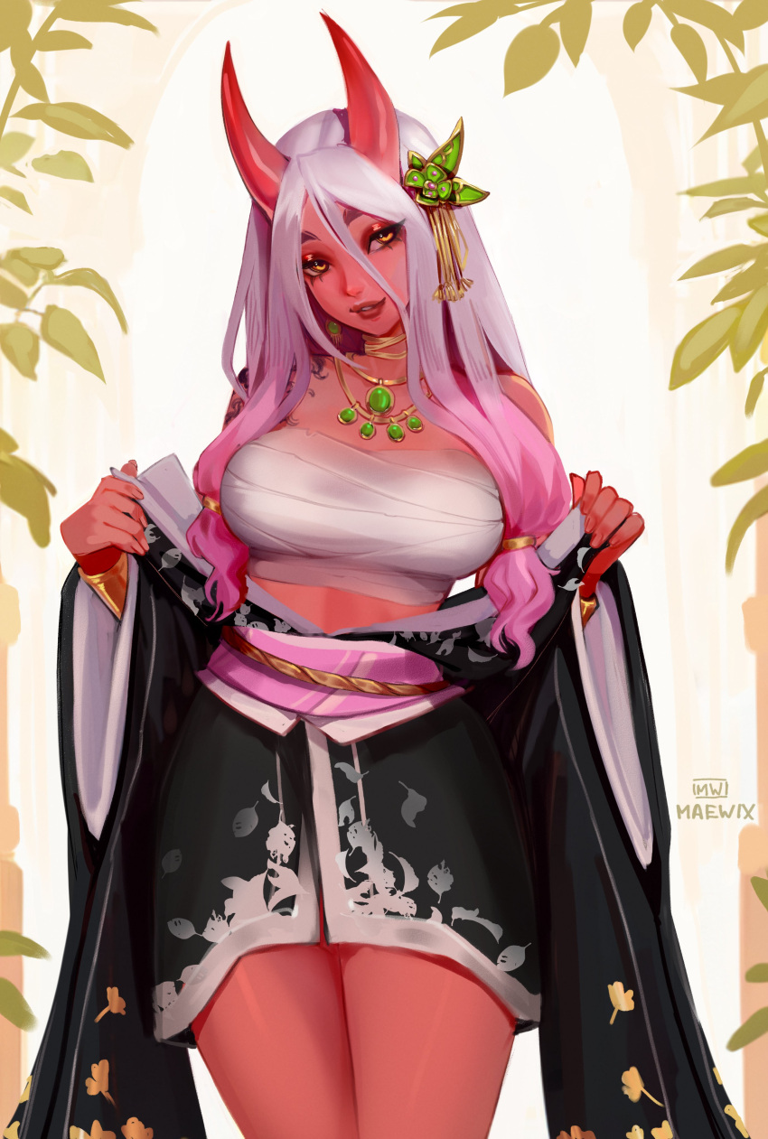 1girl absurdres artist_name black_kimono breasts chest_sarashi colored_skin hair_ornament highres horns japanese_clothes japanese_mythology jewelry kimono large_breasts long_hair looking_at_viewer maewix_(artist) necklace oni open_clothes open_kimono orange_eyes red_horns red_oni red_skin sarashi smile solo white_hair