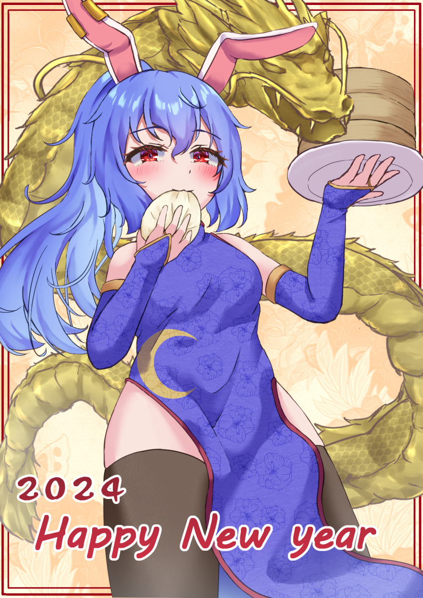 1girl 2024 alternate_costume animal_ears bamboo_steamer black_thighhighs blue_dress blue_hair blush china_dress chinese_clothes chinese_zodiac commentary_request crescent dragon dress dumpling earclip eastern_dragon eating floral_print food highres holding holding_plate mizunisabano plate print_dress rabbit_ears red_eyes seiran_(touhou) solo thighhighs touhou year_of_the_dragon