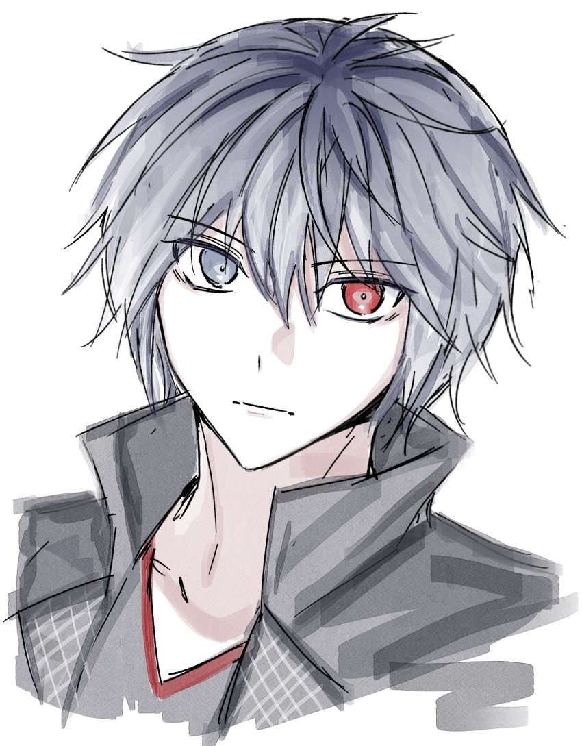 1boy black_jacket black_shirt closed_mouth gongju_s2 grey_eyes grey_hair heterochromia high_collar highres jacket kingdom_hearts looking_at_viewer open_clothes open_jacket portrait red_eyes shirt simple_background solo white_background yozora_(kingdom_hearts)