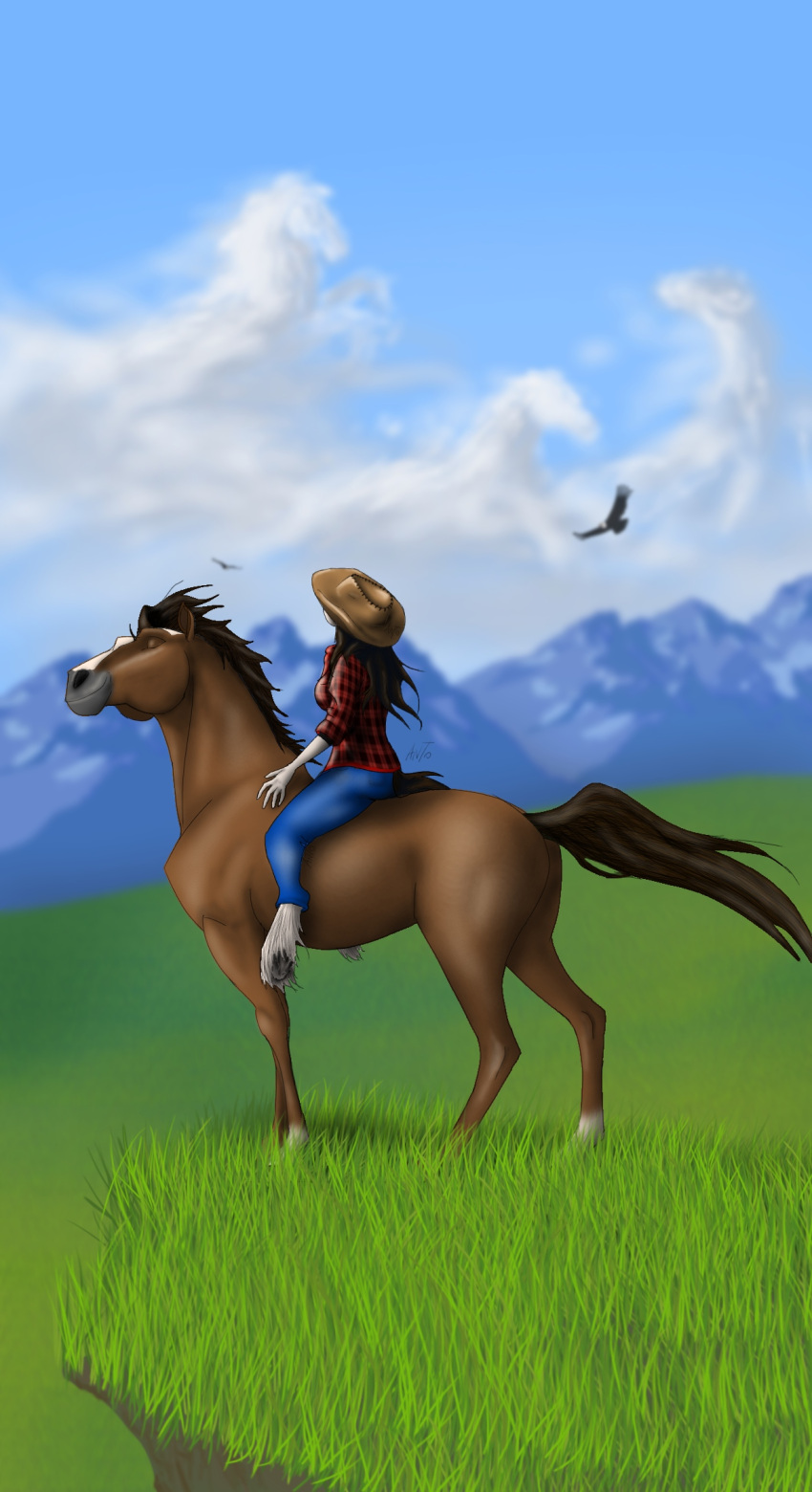 2019 accipitrid accipitriform ambiguous_gender anthro avian bird clothing cloud digital_media_(artwork) duo eagle equid equine eyes_closed female feral fexneel_denisse from_behind_position grass hair hat headgear headwear hi_res hooves horse mammal mountain mounting plant riding sex sky smile