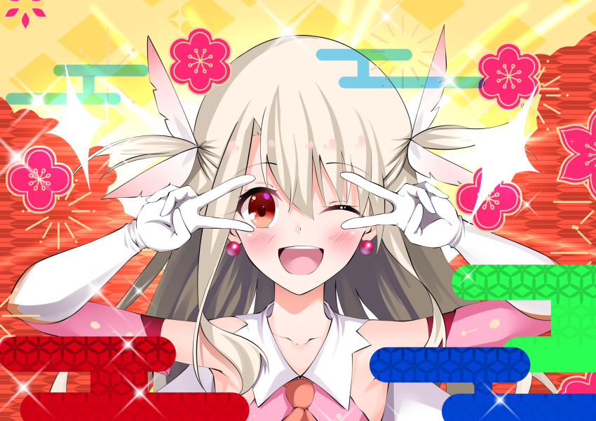 1girl ascot bare_shoulders blush breasts cape double_v dress earrings egasumi elbow_gloves emotional_engine_-_full_drive fate/grand_order fate/kaleid_liner_prisma_illya fate_(series) feather_hair_ornament feathers gloves hair_ornament highres illyasviel_von_einzbern jewelry layered_gloves long_hair looking_at_viewer open_mouth pei_iriya pink_dress pink_gloves prisma_illya red_eyes sidelocks small_breasts smile solo sparkle two_side_up v white_cape white_gloves white_hair