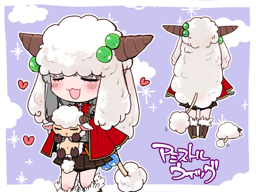 1girl :3 amistr_(ragnarok_online) blush boots brown_dress brown_footwear brown_horns cape closed_eyes commentary_request creator_(ragnarok_online) dress fake_horns feet_out_of_frame full_body fur-trimmed_footwear fur_hat fur_trim grey_hair hat heart highres holding_sheep horns long_hair medium_bangs miya_daisuke multiple_views open_mouth pleated_dress purple_background ragnarok_online red_cape sheep sheep_tail smile tail translation_request