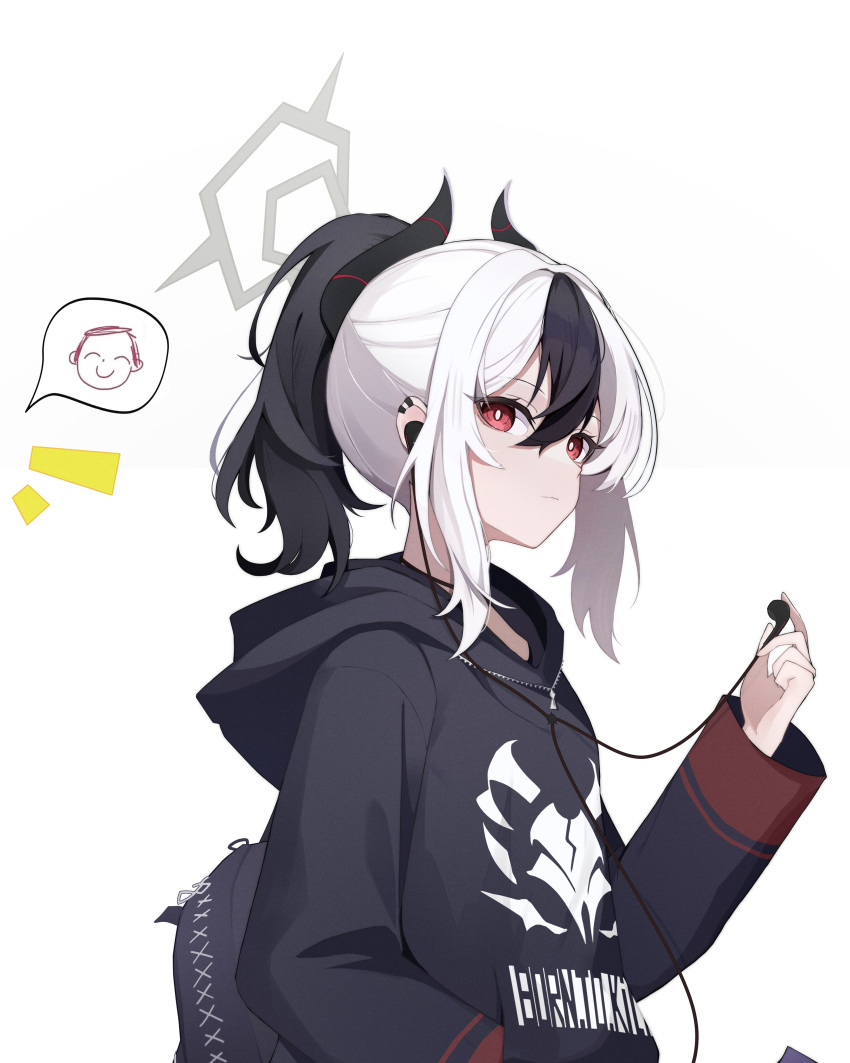 1girl absurdres anri_(user_ncce8585) backpack bag black_hair black_hoodie black_horns blue_archive bright_pupils closed_mouth demon_horns doodle_sensei_(blue_archive) ear_piercing earphones grey_halo hair_between_eyes halo hand_in_pocket highres holding holding_earphones hood hoodie horns kayoko_(blue_archive) long_sleeves multicolored_hair multiple_piercings piercing ponytail red_eyes sensei_(blue_archive) simple_background two-tone_hair white_background white_hair white_pupils