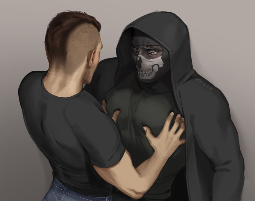 2boys 5i2 back bara black_hair black_shirt blue_pants call_of_duty call_of_duty:_modern_warfare_2 facepaint ghost_(modern_warfare_2) grey_background hands_on_another's_chest highres hood hood_up hooded_jacket jacket large_pectorals male_focus mask multiple_boys muscular muscular_male open_clothes open_jacket pants pectorals shirt short_hair simple_background skull_mask soap_(modern_warfare_2) twitter_username yaoi