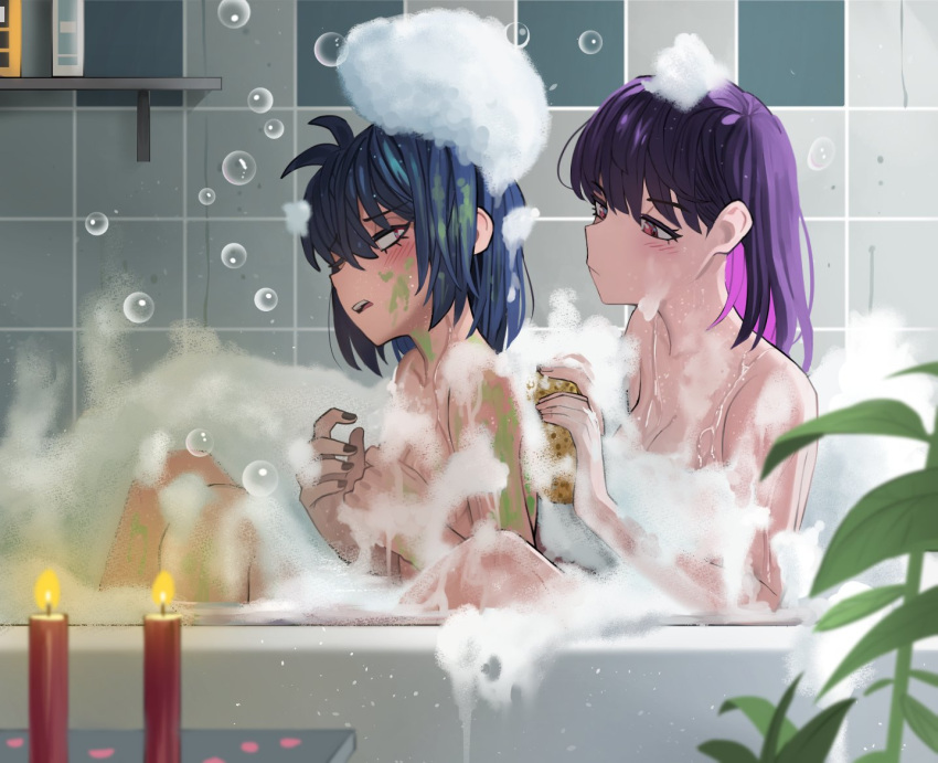 2girls bath bathing bathroom bathtub black_hair black_nails blue_hair blush breasts candle closed_mouth commentary english_commentary fire from_side hair_between_eyes indoors ji-yoon_(jourd4n) jourd4n knees_up medium_breasts minori_yume_(jourd4n) multiple_girls nail_polish nude original parted_lips partially_submerged pink_hair plant purple_hair red_eyes shared_bathing shelf slime_(substance) soap_bubbles sponge tile_wall tiles