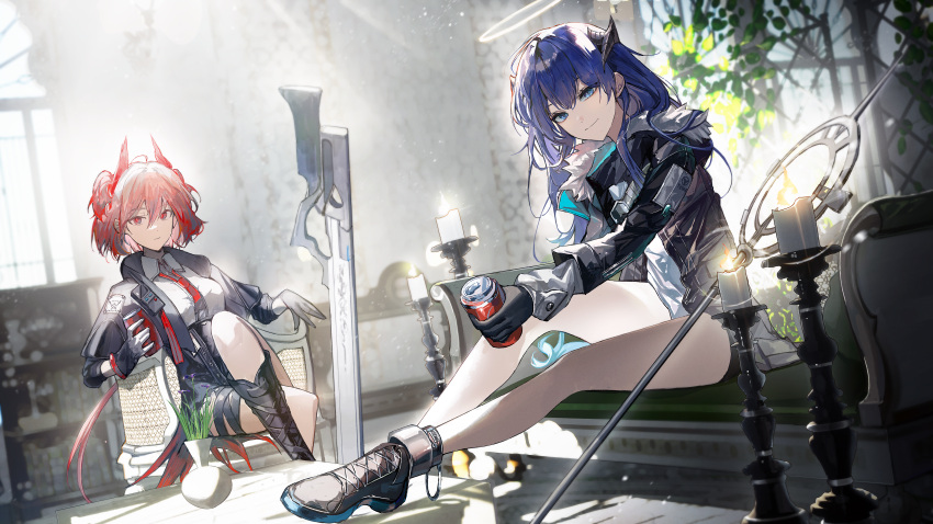 2girls absurdres arknights bare_legs black_footwear black_gloves black_jacket black_shirt blue_eyes blue_hair boots breasts can candle chair chest_of_drawers commentary couch crossed_legs demon_horns feather_hair fiammetta_(arknights) frown full_body fur-trimmed_jacket fur_trim gloves halo highres holding holding_can horns indoors jacket knee_boots kuren_kren long_hair long_sleeves looking_at_viewer medium_breasts mostima_(arknights) multiple_girls necktie plant red_eyes red_hair red_necktie shirt short_hair sitting smile staff thigh_strap white_shirt window