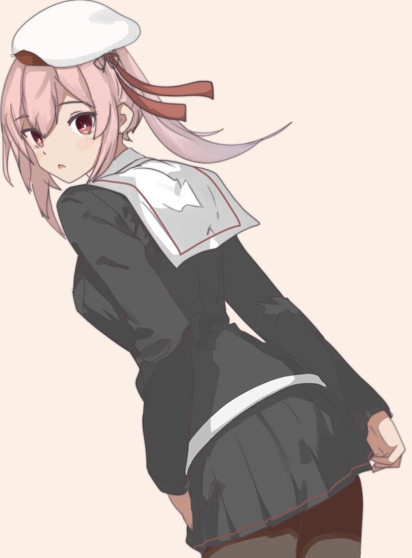 1girl alternate_costume black_pantyhose black_serafuku black_shirt black_skirt cowboy_shot from_behind hair_flaps harusame_(kancolle) highres kantai_collection leaning_forward long_hair looking_at_viewer looking_back miron_(mirona33) pantyhose pink_hair pleated_skirt red_eyes sailor_collar sailor_shirt school_uniform serafuku shirt side_ponytail skirt solo standing white_sailor_collar