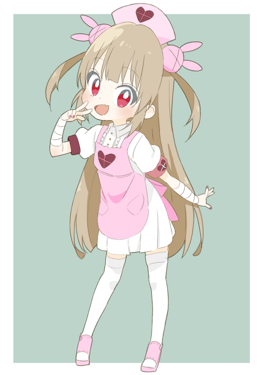 1girl :d absurdres bandage bandaged_arm bandages blue_background bright_pupils bunny_hair_ornament chibi collared_shirt contrapposto donguri_suzume dress eyebrows_visible_through_hair fang fingernails hair_ornament hat heart highres light_brown_hair looking_at_viewer nail_polish natori_sana nurse_cap open_mouth pink_footwear pink_hat pink_nails red_eyes sana shirt shoes simple_background smile solo thighhighs two_side_up white_dress white_legwear wing_collar zettai_ryouiki