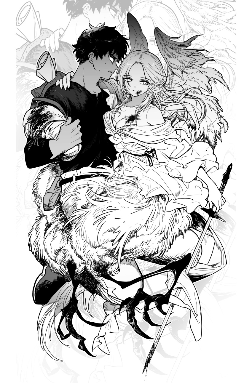 1boy 1girl absurdres animal_legs backpack bag bare_shoulders blood blood_on_chest blood_on_clothes blood_on_face breasts cleavage commentary_request dark-skinned_male dark_skin dress dungeon_meshi feathered_wings floating_hair genderswap genderswap_(mtf) greyscale hand_on_another's_shoulder highres holding holding_sword holding_weapon jihecchi jumping kabru korean_commentary laios_thorden large_breasts long_hair long_sleeves looking_at_another looking_to_the_side monochrome monster_girl monsterification off_shoulder outstretched_arm pants parted_bangs profile scroll short_hair smile sword weapon wings zoom_layer