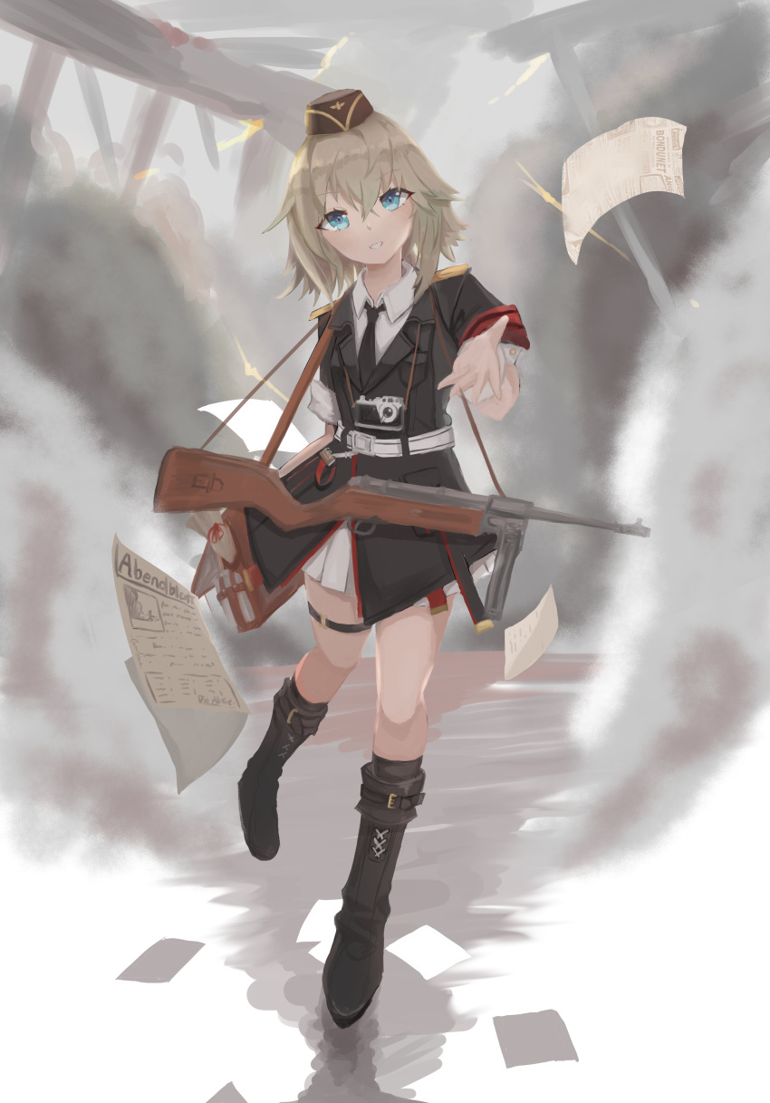 1girl absurdres armband black_necktie blonde_hair camera commission envelope file garrison_cap girls'_frontline gun hat highres iruka_77 manila_envelope military military_hat military_uniform mp41 mp41_(girls'_frontline) necktie pixiv_commission red_armband short_hair solo submachine_gun throwing uniform weapon wehrmacht