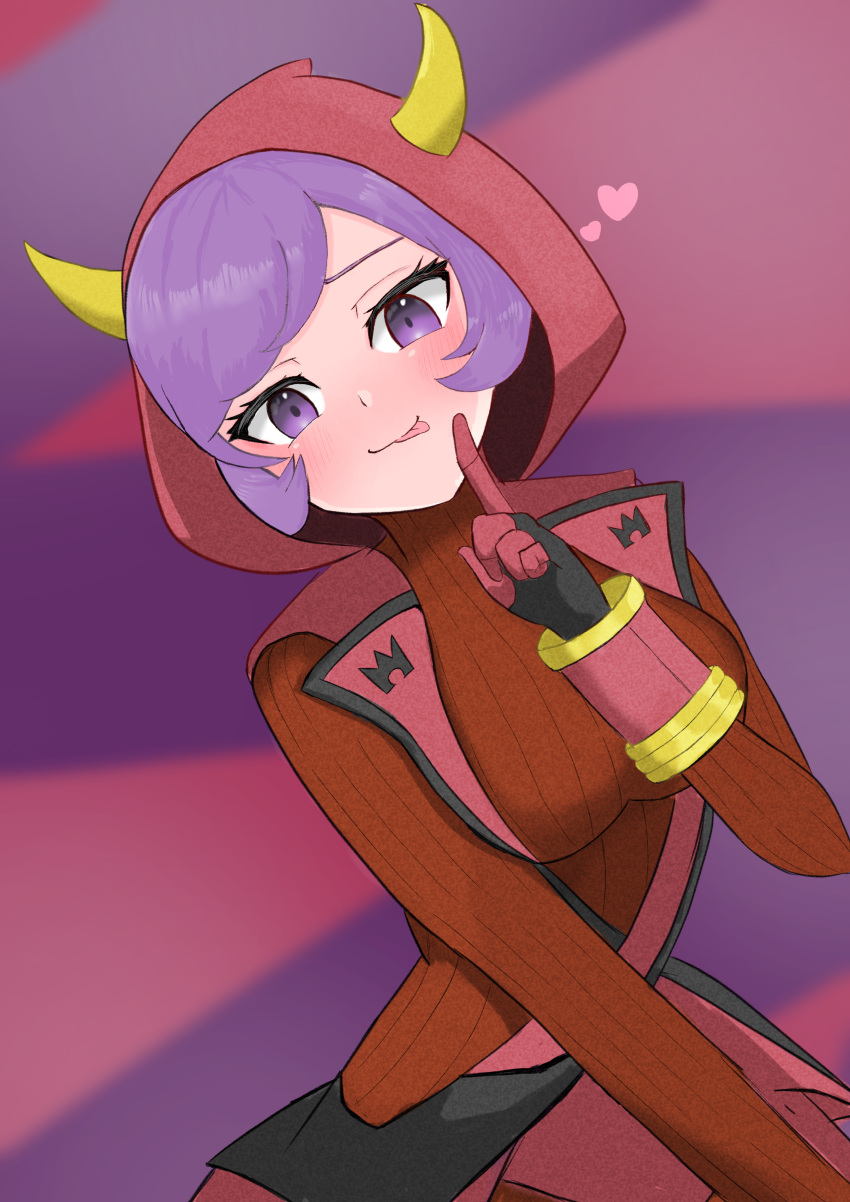 1girl absurdres black_gloves blush breasts courtney_(pokemon) cowlick dress fake_horns gloves heart highres hood hooded_vest hoodie horned_headwear horned_hood horns index_finger_raised kion_(namarock8686) long_sleeves medium_breasts pokemon pokemon_oras purple_eyes purple_hair raised_eyebrows red_dress red_gloves red_hood ribbed_dress short_dress short_hair solo swept_bangs team_magma tongue tongue_out turtleneck_dress two-tone_gloves vest