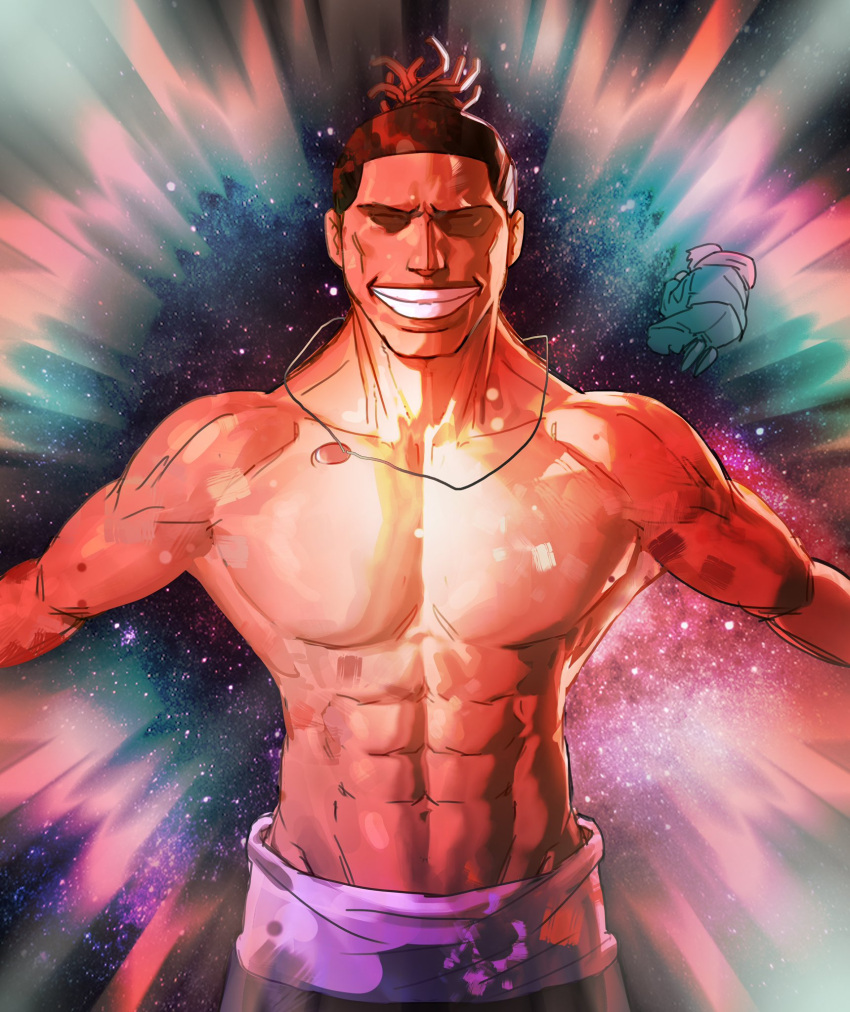 2boys abs biceps brown_hair closed_eyes closed_mouth collarbone cowboy_shot deltoids emphasis_lines facing_viewer forehead galaxy grin groin hair_pulled_back hieumay highres hip_bones itadori_yuuji jewelry jujutsu_kaisen large_pectorals lats lips locket male_focus multiple_boys muscular navel necklace nose outstretched_arms overexposure pectorals pendant purple_sash sash smile solo standing stomach straight-on teeth thick_neck topless_male toudou_aoi_(jujutsu_kaisen) trapezius v-taper