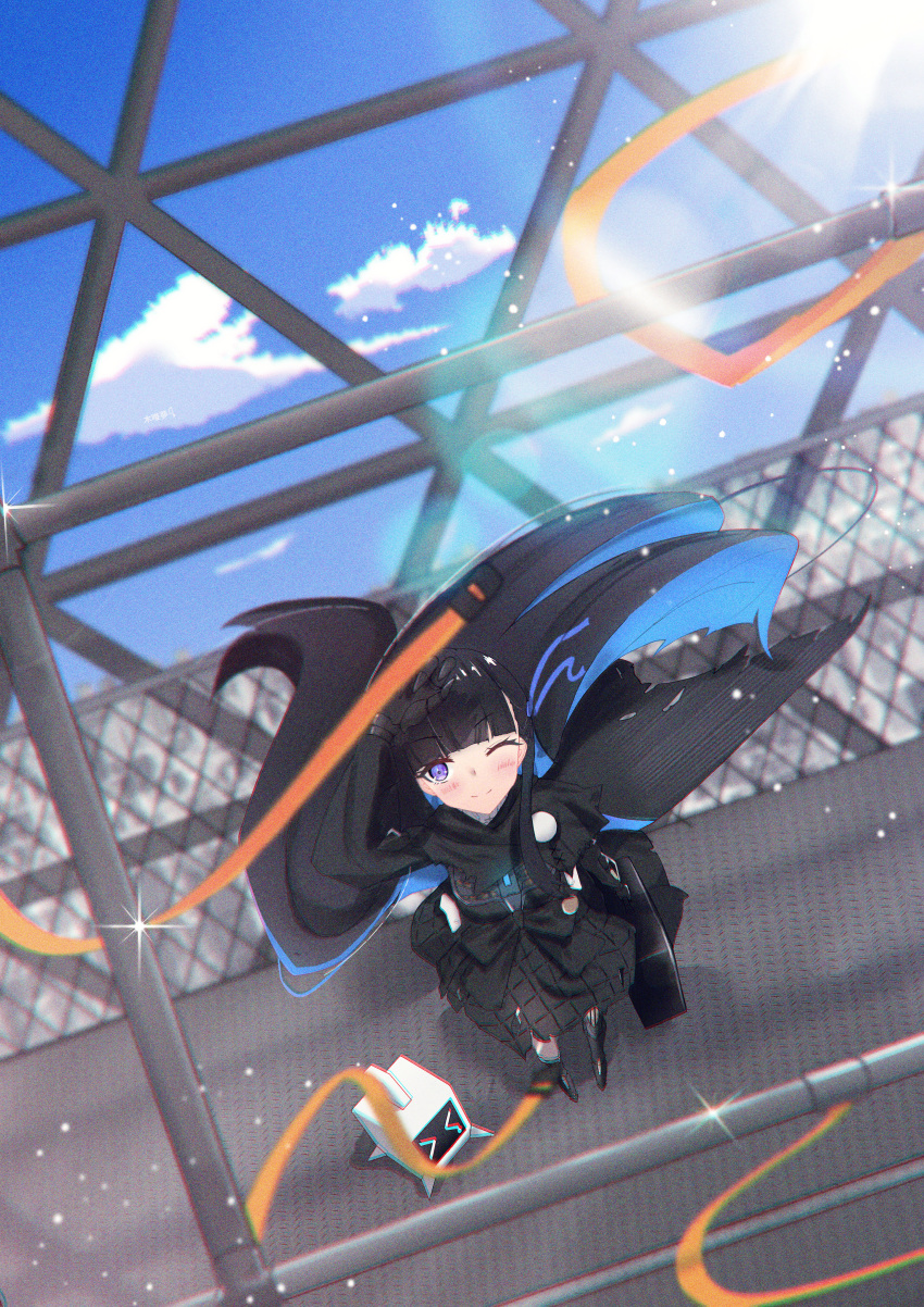 &gt;_&lt; 1girl 1other absurdres black_dress black_hair blue_hair bob_cut cloud colored_inner_hair dress highres instrument_case long_hair long_sleeves looking_at_viewer looking_up mechanical_hands mechanical_legs multicolored_hair non-humanoid_robot one_eye_closed punishing:_gray_raven purple_eyes puyuyan robot selena:_tempest_(punishing:_gray_raven) selena_(punishing:_gray_raven) single_mechanical_leg sky very_long_hair