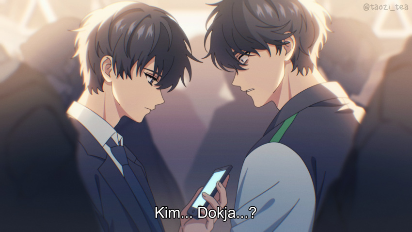 2boys black_hair black_necktie character_name chromatic_aberration closed_mouth collared_shirt commentary english_commentary fake_screenshot highres jacket kim_dokja looking_at_another male_focus multiple_boys necktie omniscient_reader's_viewpoint parted_lips school_uniform shirt short_hair subtitled taozi_tea twitter_username upper_body yoo_joonghyuk