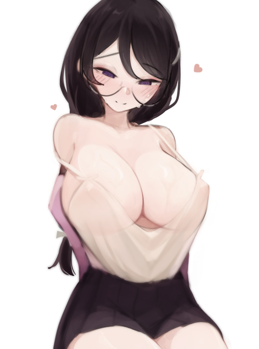 1girl absurdres bare_shoulders black_hair black_skirt braid breasts camisole cleavage commentary deko_morii duplicate glasses hair_ornament hairclip hanekawa_tsubasa heart highres large_breasts long_hair monogatari_(series) no_bra off_shoulder open_clothes pink_shirt pixel-perfect_duplicate pleated_skirt purple_eyes see-through shirt skirt solo spaghetti_strap