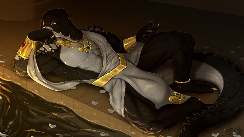anklet anthro armor black_body black_scales bottomwear bracers bulge clothing crocodilian egyptian_clothing eye_of_horus hi_res jewelry loincloth looking_at_viewer male muscular muscular_anthro muscular_male necklace petals pig_(artist) reclining reptile scales scalie seductive solo tail water