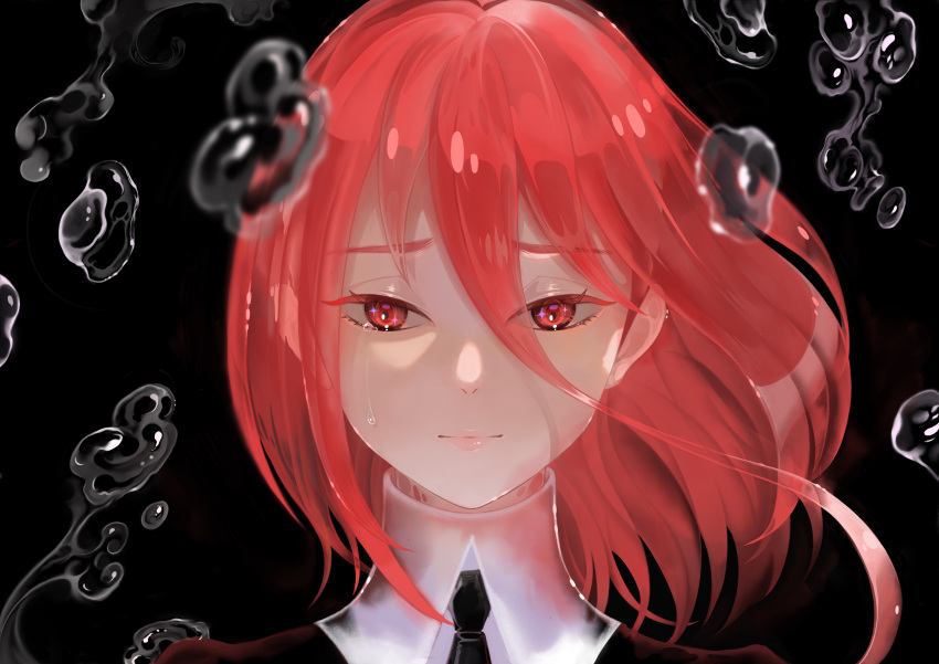 1other absurdres androgynous black_background black_necktie blurry cinnabar_(houseki_no_kuni) crying depth_of_field floating_hair gem_uniform_(houseki_no_kuni) hair_between_eyes highres houseki_no_kuni light_smile liquid long_hair_between_eyes looking_at_viewer mercury_(element) necktie oo0mog0oo other_focus portrait red_eyes red_hair red_theme short_hair solo straight-on