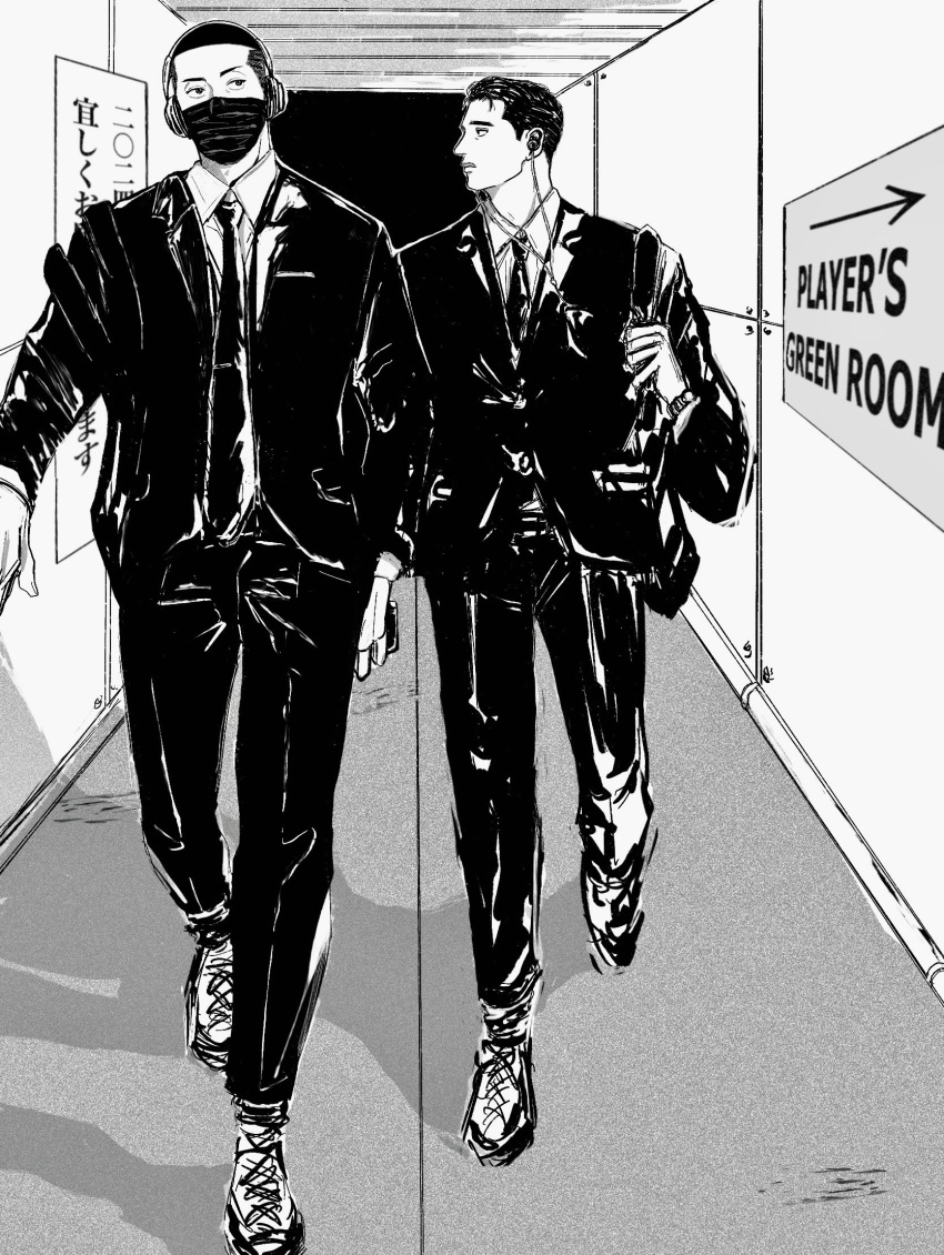 2boys arrow_(symbol) bbjj1199 black_eyes buzz_cut earphones english_text fukatsu_kazunari full_body greyscale headphones highres male_focus mask monochrome mouth_mask multiple_boys profile sawakita_eiji short_hair slam_dunk_(series) suit undercut very_short_hair walking watch wristwatch