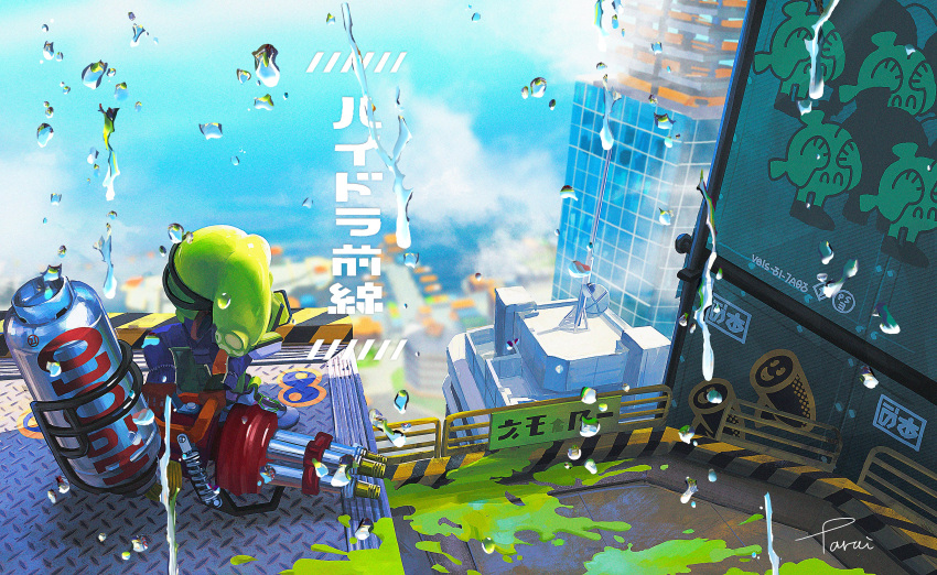 1other absurdres blue_sky blurry blurry_background building cloud commentary_request gas_mask green_hair highres holding holding_weapon hydra_splatling_(splatoon) inkling_(language) long_hair mask octoling paint rain satellite_dish signature sky skyscraper splatoon_(series) splatoon_3 standing sticker tarai_(silica5) tentacle_hair weapon