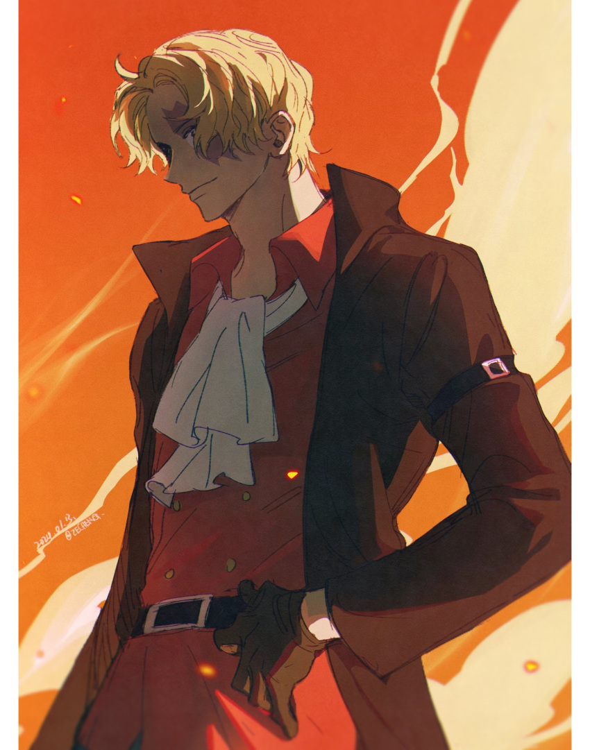 1boy ascot blonde_hair burn_scar coat gloves highres kangyaosasuke lead_pipe long_sleeves male_focus one_piece sabo_(one_piece) scar scar_across_eye scar_on_face shirt smile solo white_ascot