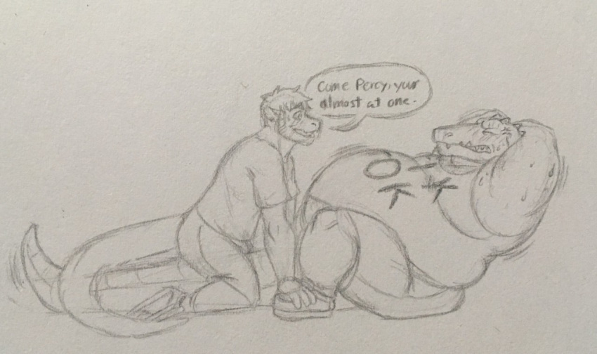 anthro belly big_belly bodily_fluids clothing cody_(swatthefox) crocodile crocodilian crocodylid dialogue dragon duo eon54 exercise helping jagged_(eon54) male male/male motion_lines overweight overweight_anthro overweight_male reptile scalie shirt sit-up size_difference smaller_male soft_belly speech_bubble struggling sweat tail tank_top tiktok topwear