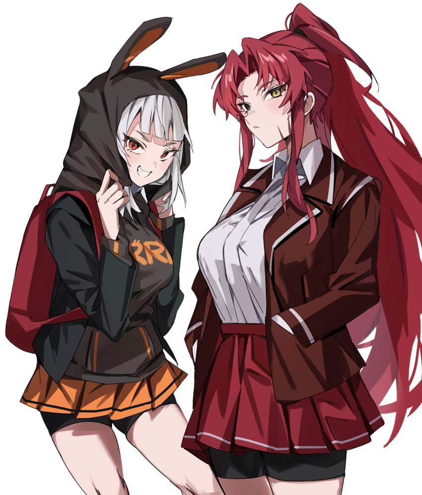 alternate_costume black_buruma buruma gebura_(project_moon) green_eyes highres jacket library_of_ruina mu46016419 myo_(project_moon) orange_skirt project_moon red_eyes red_hair red_jacket red_skirt red_suit skirt suit thighs white_hair