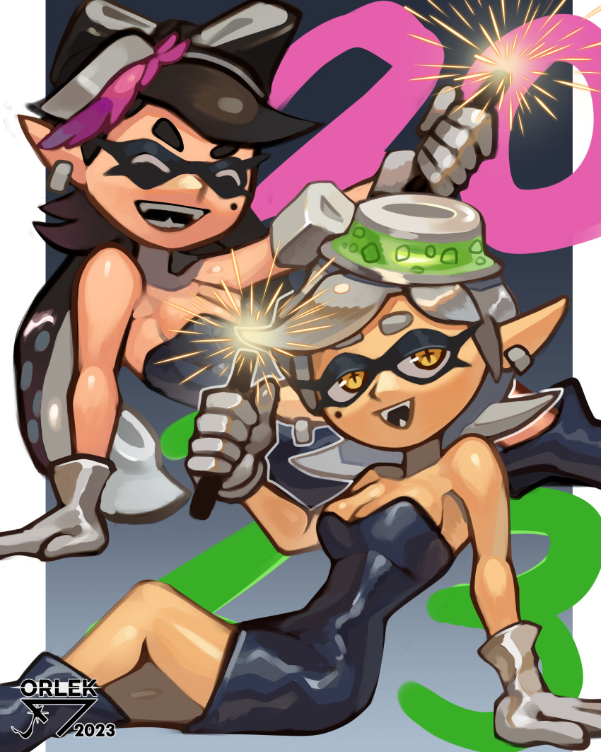 2girls absurdres bare_shoulders black_dress black_footwear black_hair callie_(splatoon) captain-orlek dress earrings full_body gloves grey_hair highres jewelry marie_(splatoon) mole mole_under_eye multiple_girls no_legwear object_on_head orlek_tg pointy_ears shoes short_hair splatoon_(series) strapless strapless_dress symbol-shaped_pupils tentacle_hair thick_eyebrows white_gloves yellow_eyes