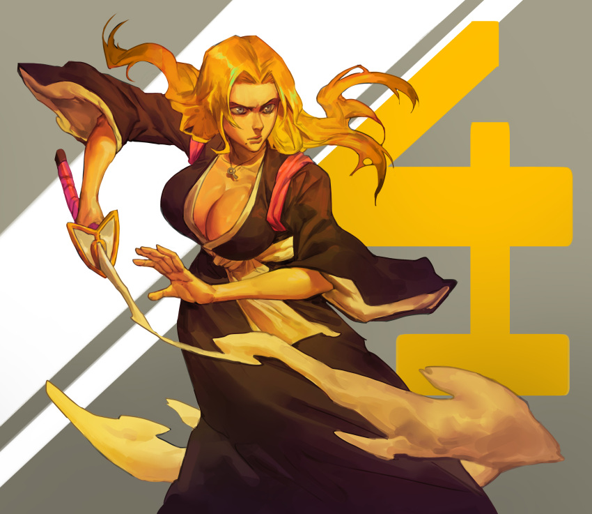 1girl absurdres black_kimono bleach blue_eyes breasts cleavage collarbone feet_out_of_frame floating_hair forehead grey_background haineko_(shikai) hieumay highres holding holding_sword holding_weapon japanese_clothes jewelry katana kimono large_breasts lips long_hair looking_to_the_side matsumoto_rangiku mole mole_under_mouth necklace nose number_background open_hand orange_hair orange_theme parted_bangs parted_hair pink_shawl sash shawl shihakusho shikai shinigami simple_background sleeves_past_elbows smoke solo sword weapon white_sleeves wide_sleeves zanpakutou