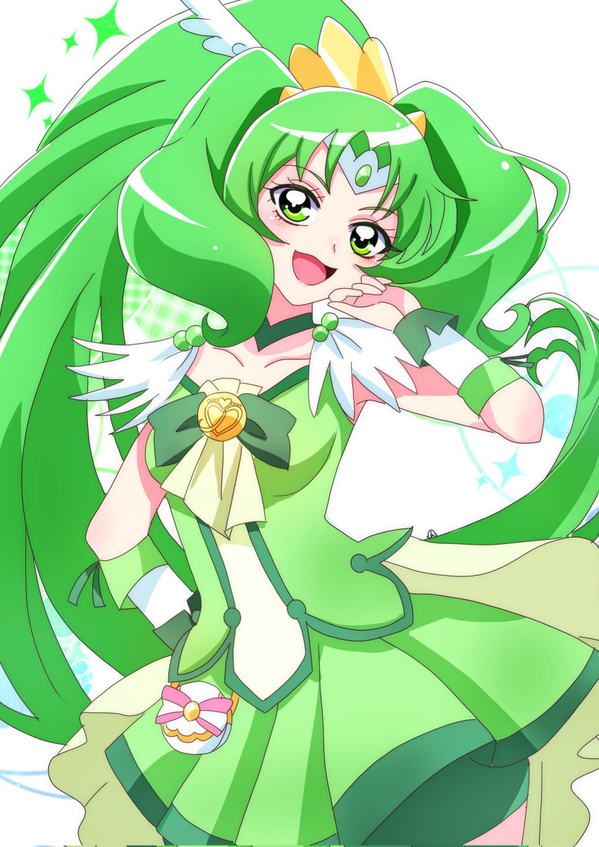 1girl bike_shorts bike_shorts_under_skirt breasts choker collarbone cowboy_shot cure_march green_choker green_eyes green_hair green_shorts green_skirt green_theme highres long_hair magical_girl medium_breasts momotarouooi open_mouth ponytail precure shorts shorts_under_skirt skirt smile smile_precure! solo tiara tri_tails white_background wide_ponytail wrist_cuffs yellow_choker